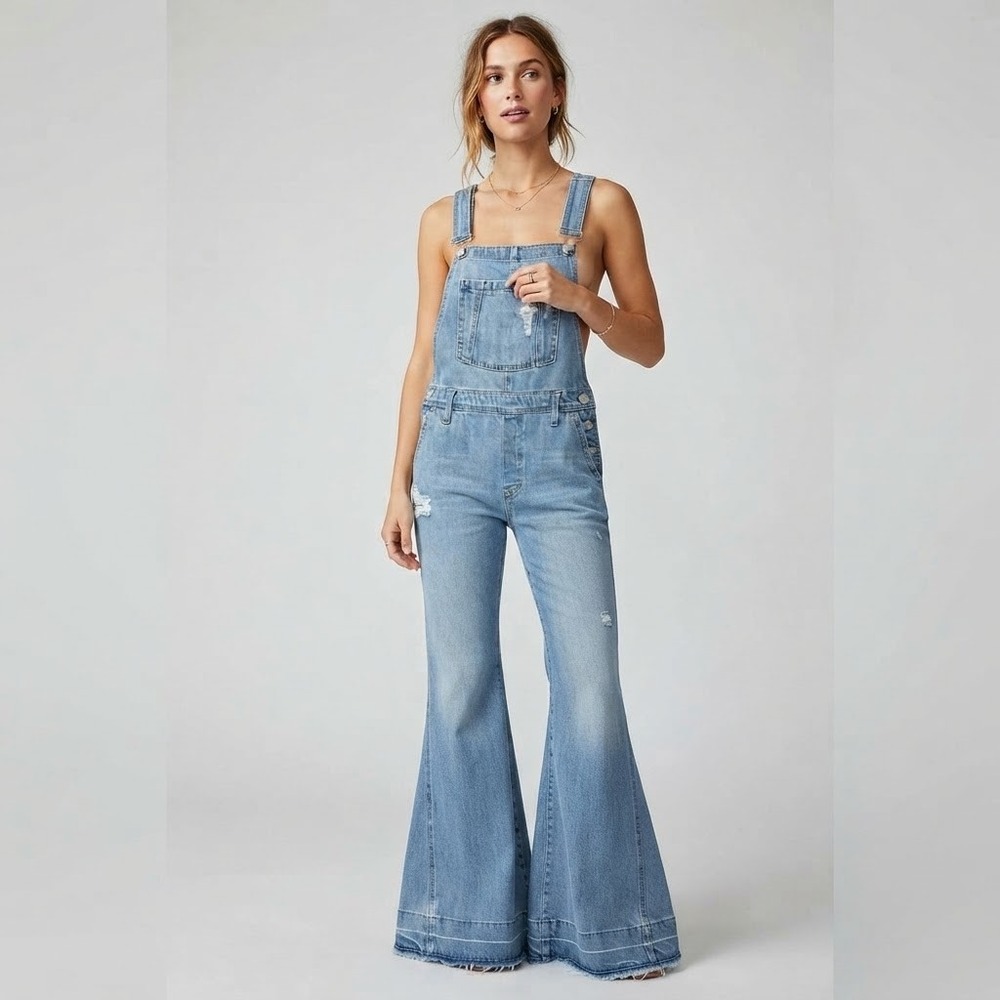 Tricot Distressed Denim Overalls Womens Small Blue Flare Leg Cotton Dungarees
